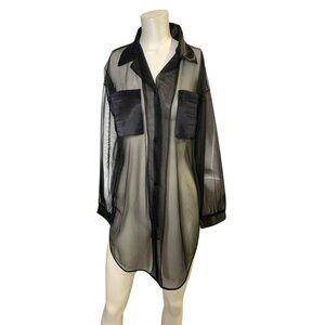 VTG Y2K Grunge Goth Nite Images Mesh Sheer Black Button-Up Shirt Satin Pockets M